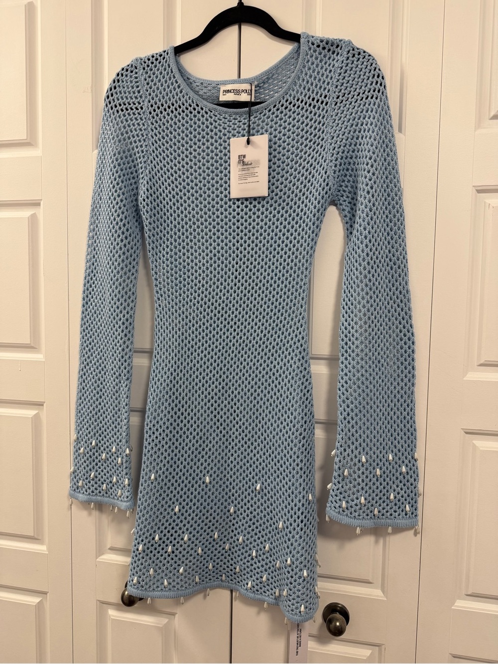 Princess Polly Baby Blue Crochet Mini Dress with Pearl Trim